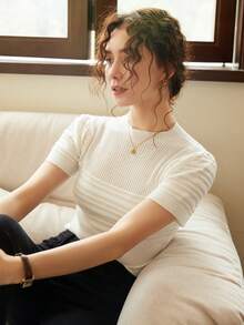 Knit Mix 优雅女士法式针织泡泡袖T恤，春夏圆领常规版型T恤，低调复古古币图案短袖上衣，适合返校季、秋冬季以及圣诞节、感恩节和新年等场合，休闲白色 - 白色 - 查看 8