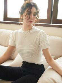 Knit Mix 优雅女士法式针织泡泡袖T恤，春夏圆领常规版型T恤，低调复古古币图案短袖上衣，适合返校季、秋冬季以及圣诞节、感恩节和新年等场合，休闲白色 - 白色 - 查看 9