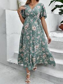 SHEIN 孕妇花卉印花荷叶边袖腰带荷叶边下摆连衣裙