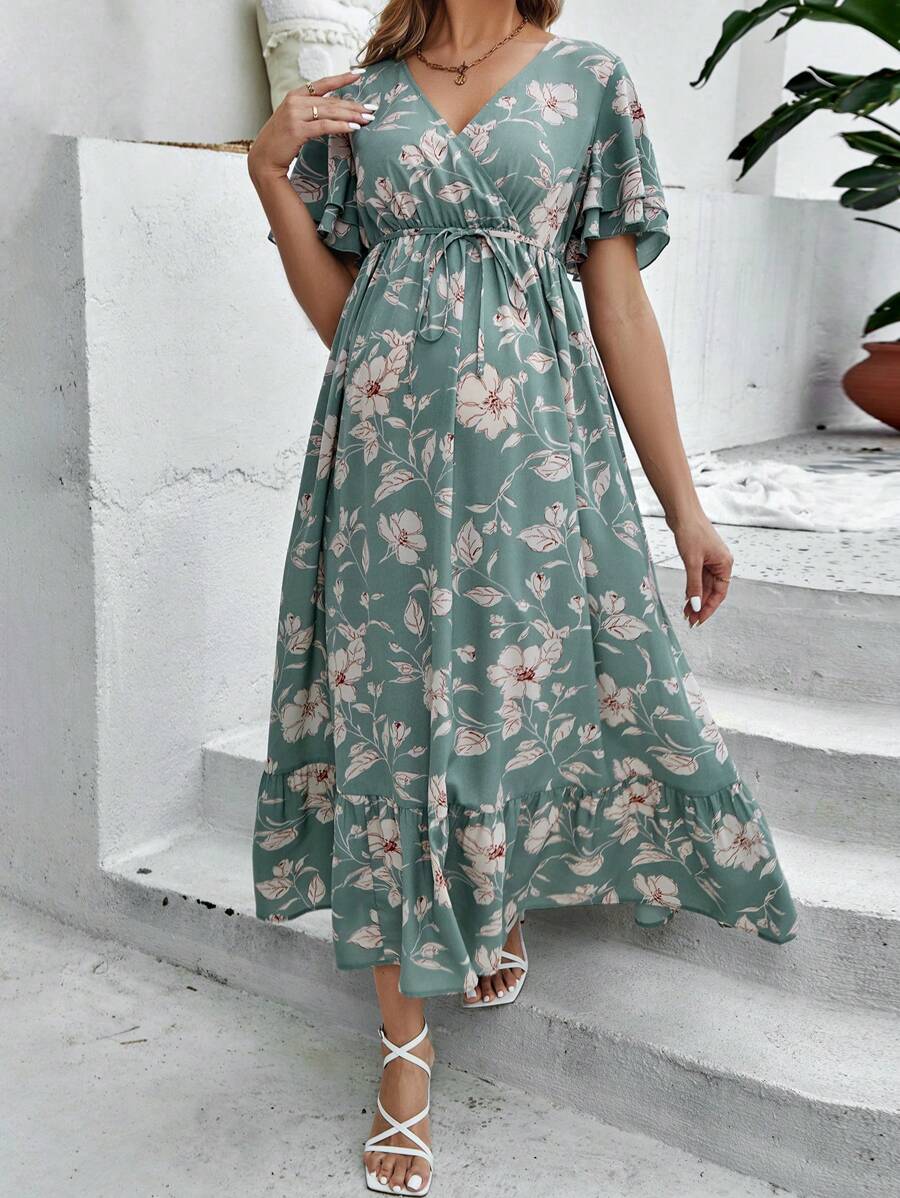 SHEIN 孕妇花卉印花荷叶边袖腰带荷叶边下摆连衣裙