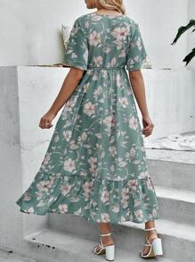 SHEIN 孕妇花卉印花荷叶边袖腰带荷叶边下摆连衣裙