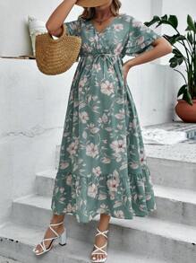 SHEIN 孕妇花卉印花荷叶边袖腰带荷叶边下摆连衣裙