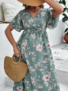 SHEIN 孕妇花卉印花荷叶边袖腰带荷叶边下摆连衣裙