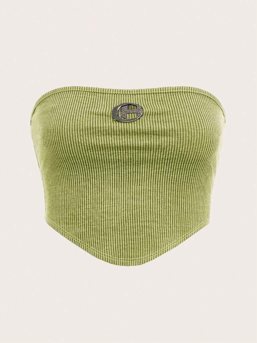 SHEIN EZwear Top tubo crop tejido de canalé con diamante de imitación adorno de anillo bajo pañuelo - Verde Lima - Ver 1