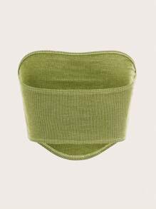 SHEIN EZwear Top tubo crop tejido de canalé con diamante de imitación adorno de anillo bajo pañuelo - Verde Lima - Ver 2