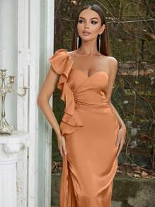 One Shoulder Ruffle Trim Split Thigh Dress - Orange - View 6