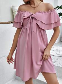 SHEIN Maternity Off Shoulder Knot Front Ruffle Trim Dress - Dusty Pink - View 1