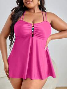 Plus Size Ruched Bust Swim Dress Summer Beach - Hot Pink - View 1
