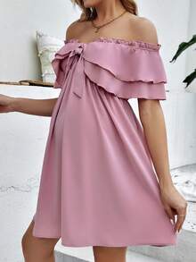 SHEIN Maternity Off Shoulder Knot Front Ruffle Trim Dress - Dusty Pink - View 3