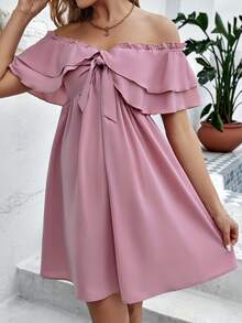 SHEIN Maternity Off Shoulder Knot Front Ruffle Trim Dress - Dusty Pink - View 4