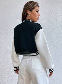 SHEIN Unity Letter Patched Detail Striped Trim Drop Shoulder Crop Varsity Jacket Fall Winter Cloth For Women - Black and White - View 2