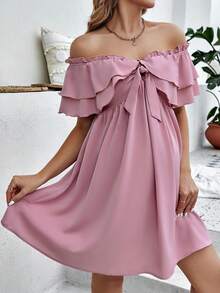 SHEIN Maternity Off Shoulder Knot Front Ruffle Trim Dress - Dusty Pink - View 5