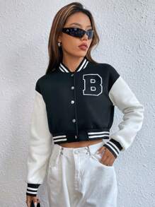 SHEIN Unity Letter Patched Detail Striped Trim Drop Shoulder Crop Varsity Jacket Fall Winter Cloth For Women - Black and White - View 3