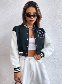 SHEIN Unity Letter Patched Detail Striped Trim Drop Shoulder Crop Varsity Jacket Fall Winter Cloth For Women - Black and White - View 6
