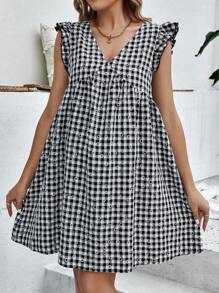 SHEIN Maternity Daisy Floral & Gingham Print Ruffle Trim Smock Dress - Black and White - View 1
