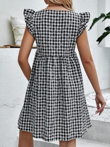 SHEIN Maternity Daisy Floral & Gingham Print Ruffle Trim Smock Dress - Black and White - View 2