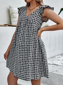 SHEIN Maternity Daisy Floral & Gingham Print Ruffle Trim Smock Dress - Black and White - View 3