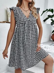 SHEIN Maternity Daisy Floral & Gingham Print Ruffle Trim Smock Dress - Black and White - View 4