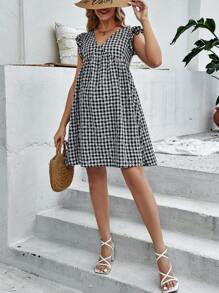 SHEIN Maternity Daisy Floral & Gingham Print Ruffle Trim Smock Dress - Black and White - View 5