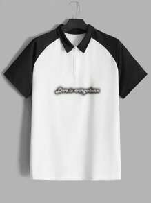 Manfinity Men Letter Graphic Raglan Sleeve Polo Shirt - White - View 1