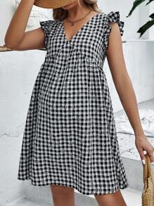 SHEIN Maternity Daisy Floral & Gingham Print Ruffle Trim Smock Dress - Black and White - View 6