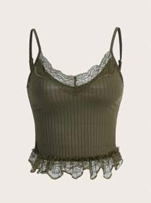 SHEIN ICON 蕾絲拼接荷葉邊吊帶上衣 - 軍綠色 - 查看 1