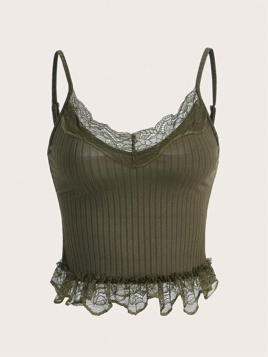 SHEIN ICON 蕾絲拼接荷葉邊吊帶上衣 - 軍綠色 - 查看 1