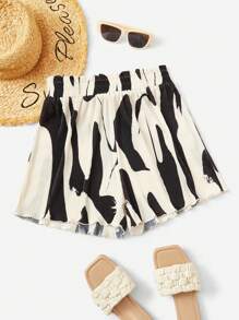 Soleia 圖案印花紙袋腰褶皺短褲 - 黑色 - 查看 1