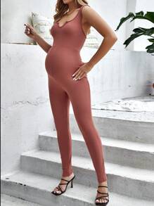 SHEIN Maternidad Mono unitard de cuello notch - Rosa Oxidada - Ver 4