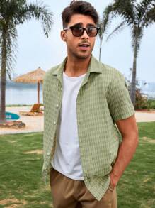 Manfinity Áo sơ mi Nam Nút phía trước Sọc ca rô Giải trí - xanh quân đội - Xem 1