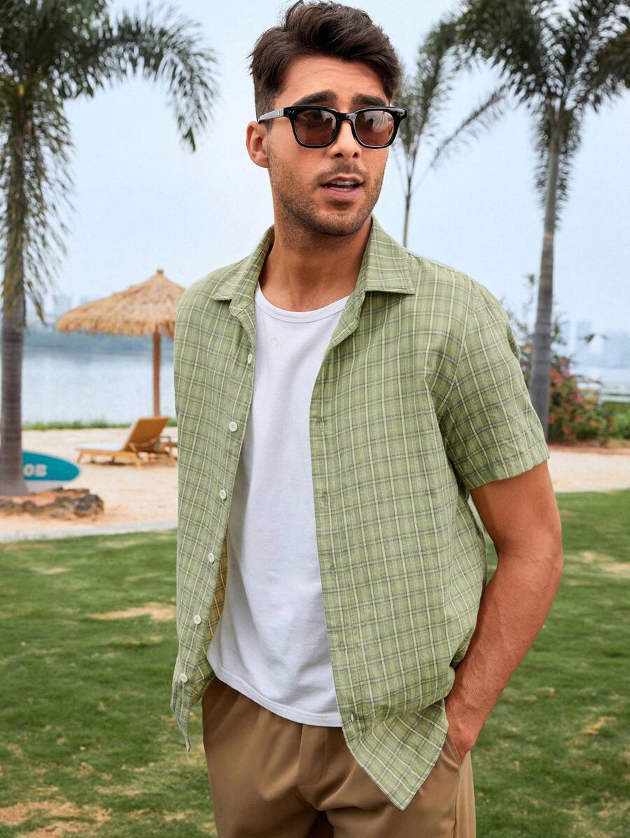 Manfinity Áo sơ mi Nam Nút phía trước Sọc ca rô Giải trí - xanh quân đội - Xem 1