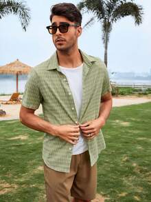 Manfinity Áo sơ mi Nam Nút phía trước Sọc ca rô Giải trí - xanh quân đội - Xem 4