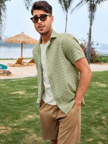 Manfinity Áo sơ mi Nam Nút phía trước Sọc ca rô Giải trí - xanh quân đội - Xem 6