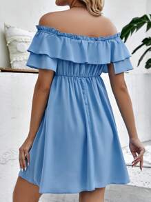 SHEIN Maternity Off Shoulder Knot Front Ruffle Trim Dress - Blue - View 2