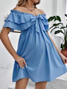 SHEIN Maternity Off Shoulder Knot Front Ruffle Trim Dress - Blue - View 3