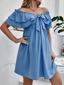 SHEIN Maternity Off Shoulder Knot Front Ruffle Trim Dress - Blue - View 4