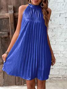 Breezaya 素色百褶繞頸後綁帶洋裝 - 藍色 - 查看 3