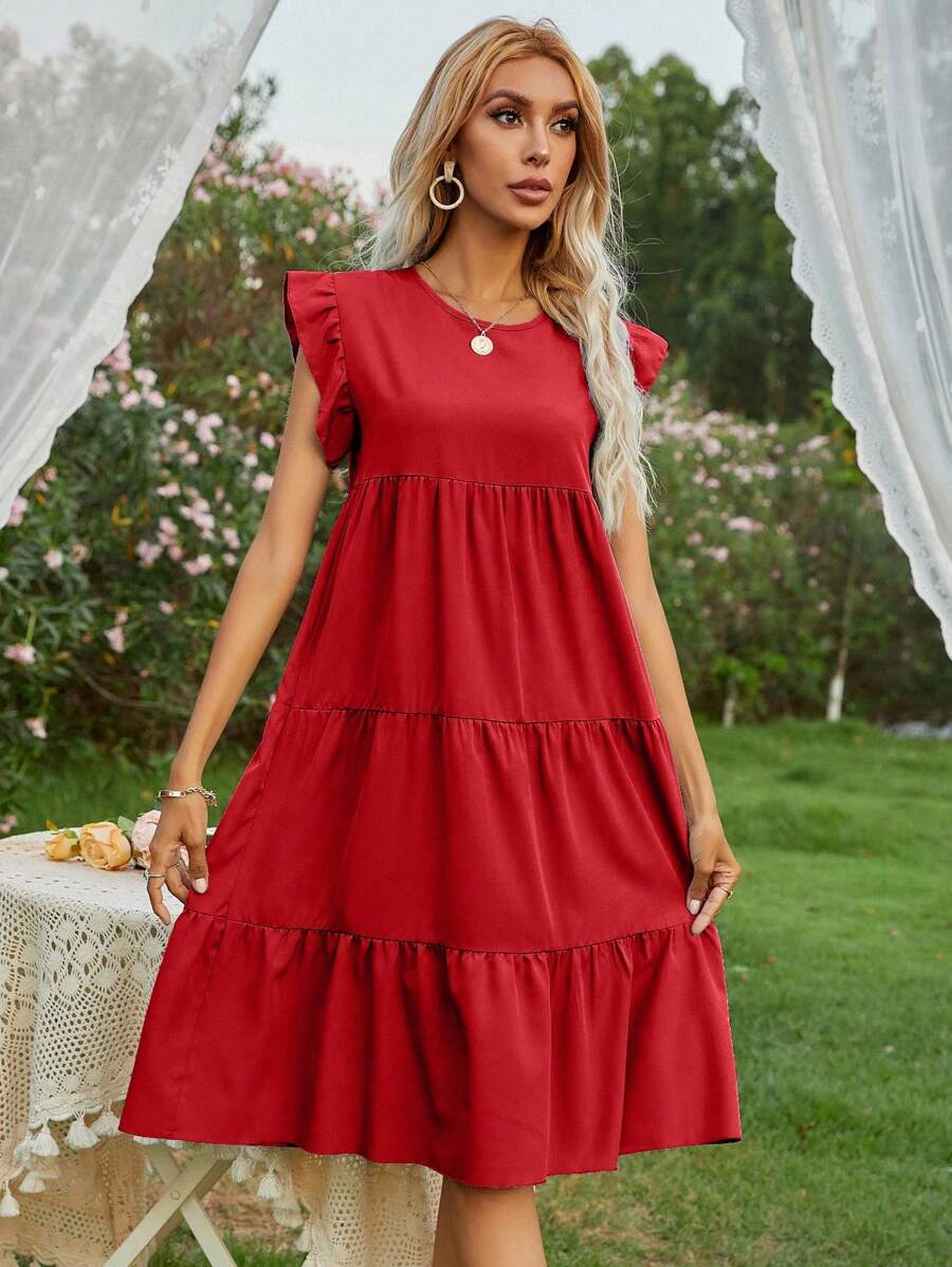 Breezaya 荷葉邊後鎖孔娃娃裙 - 紅色 - 查看 1