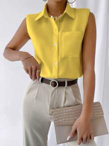 SHEIN LUNE Shoulder Pad Sleeveless Shirt - Yellow - View 1