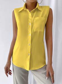 SHEIN LUNE Shoulder Pad Sleeveless Shirt - Yellow - View 3