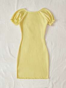 SHEIN Qutie 水鑽字母圖案木耳邊前蝴蝶結泡泡袖緊身洋裝 - 黃色 - 查看 2