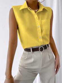 SHEIN LUNE Shoulder Pad Sleeveless Shirt - Yellow - View 4