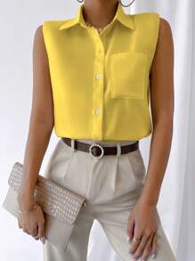 SHEIN LUNE Shoulder Pad Sleeveless Shirt - Yellow - View 5