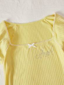 SHEIN Qutie 水鑽字母圖案木耳邊前蝴蝶結泡泡袖緊身洋裝 - 黃色 - 查看 3