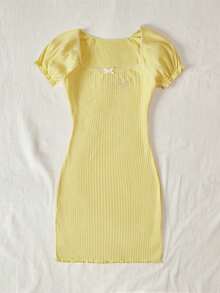 SHEIN Qutie 水鑽字母圖案木耳邊前蝴蝶結泡泡袖緊身洋裝 - 黃色 - 查看 5