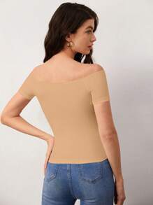 SHEIN BASICS Áo thun nữ màu trơn Giải trí - Màu Khaki - Xem 2