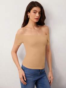 SHEIN BASICS Áo thun nữ màu trơn Giải trí - Màu Khaki - Xem 3