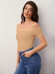 SHEIN BASICS Áo thun nữ màu trơn Giải trí - Màu Khaki - Xem 4
