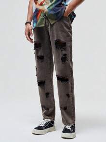 ROMWE MEN Street Life 男士棉破洞直筒牛仔褲 - 灰色 - 查看 1