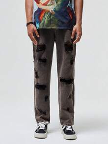 ROMWE MEN Street Life 男士棉破洞直筒牛仔褲 - 灰色 - 查看 4